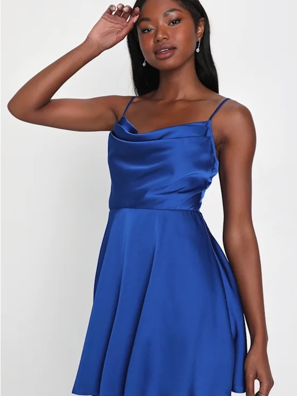 Fanciful Flirt Royal Blue Satin Cowl Neck Skater Mini Dress
